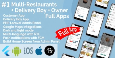 Multi-Restaurants Flutter App v2.1.1 + Delivery Boy App + Owner App + PHP Laravel Admin Panel + Web Site